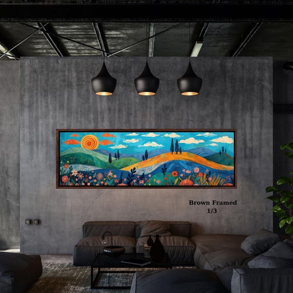 Panoramic Sun Landscape Canvas Wall Art, Framed Canvas Japanese Style Mid Century Exhibition Japandi Print,  Large Modern Living Room Decor