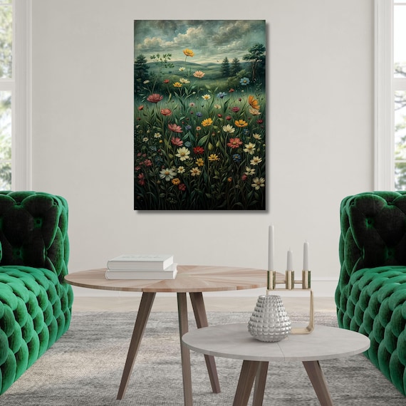 Gustav Klimt style Canvas Wildflower Field Canvas Vintage Botanical Landscape Sign, Floral Decor, Wildflower Flowers Canvas Minimalist Print