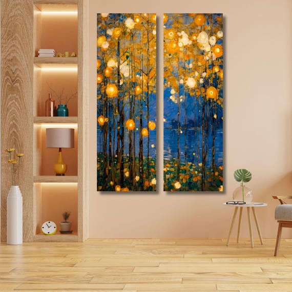 Set of 2 Tall Narrow Vintage Nature Canvas Wall Art  Long Vertical Forest Dining Room, Living Room, Office Print Long and Narrow Wall Art