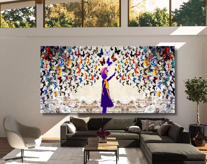 Banksy Butterfly Girl Canvas Wall Art, Colorful Graffiti Street Art Print, Trendy Urban Wall Decor, Modern Banksy Artwork for Home decor Art