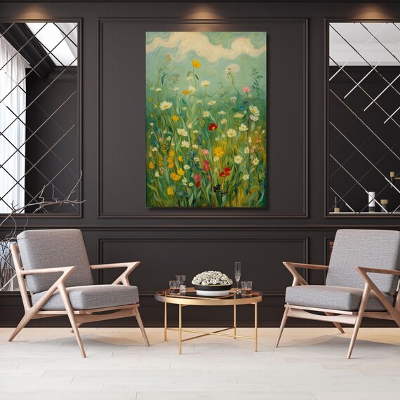 Gustav Klimt Style Wildflower Field Canvas Print: Vintage Botanical Landscape