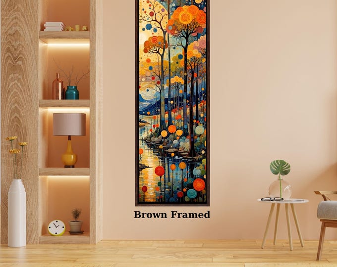 Klimt Style Wildflower Field Long Canvas Wall Art, Vertical Waterfall Landscape Painting, Impressionist Forest and Mountain, Tall Narrow