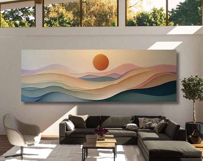 Abstract Sun Canvas Art, Boho Above Bed Decor, Large Minimalist Wall Art