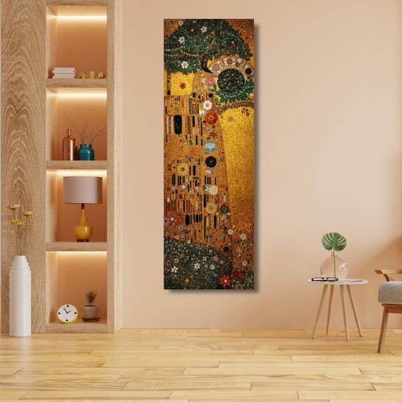 Klimt's The Kiss Narrow Canvas Print, Tall Vertical Wall Art