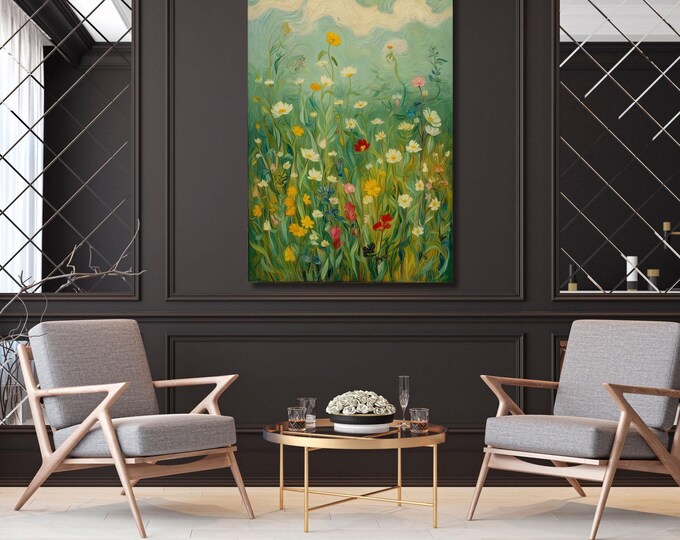 Gustav Klimt Style Wildflower Field Canvas Print: Vintage Botanical Landscape