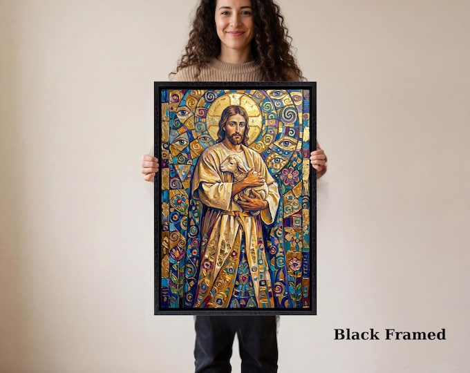 Jesus Good Shepherd Canvas Print,Christ Lamb Wall Art,Religious Home Decor,Christian Portrait Painting,Spiritual Gift,Church Wall Art