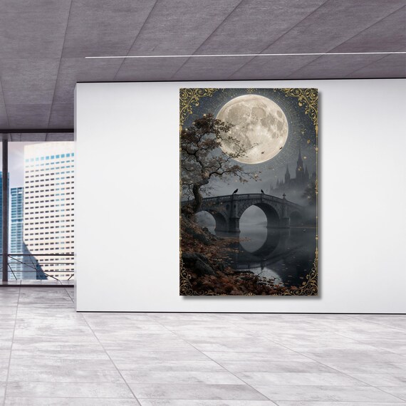 Full Moon Wildflower Canvas Wall Art canvas prints, gothic canvas print, dark academia moody wall art, dark cottagecore, dark aesthetic room