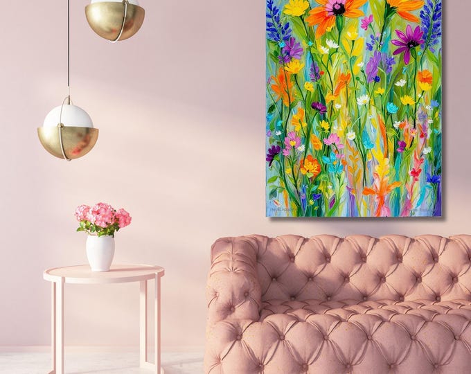 Klimt Style Wildflower Field Canvas Print: Vintage Botanical Landscape
