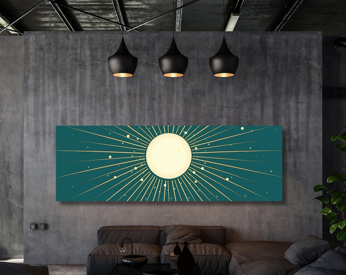 Emerald Green Sunset Canvas Art, Boho Horizontal Wall Art, Vintage Print