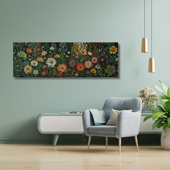 Botanical Garden Wildflowers Pattern Canvas Wall Art Botanical Ready to Hang Horizontal Decor Extra Large Wall Art Framed Art Home Poster