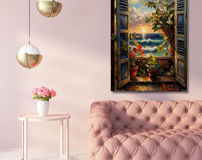 Open Window Sea View Canvas Art: Matisse, Klimt Style Painting, Coastal Decor