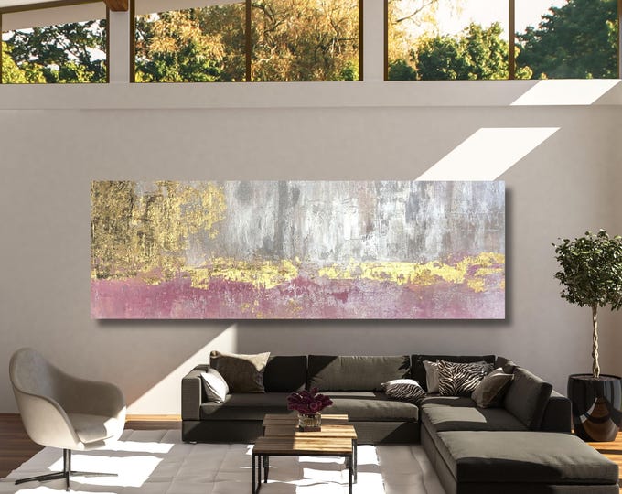 Panoramic Pink Gold Marble Canvas Art, Abstract Textured Wall Decor