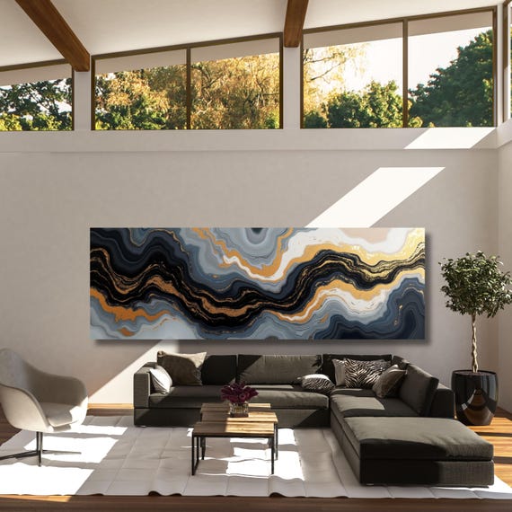 Panoramic Abstract Canvas Wall art, White Yellow blue Marble Canvas, Luxury Art, Abstract Decor, Abstract wall art Canvas, Contemporary Art