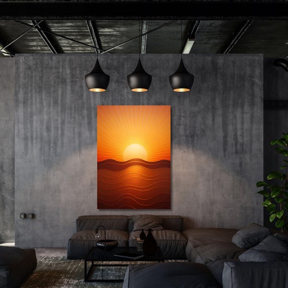 Boho sunset Canvas Wall Art, Burn orange poster, Retro brown wall art, Abstract sun and sea print,Gift for retro girl, Autumn fall decor