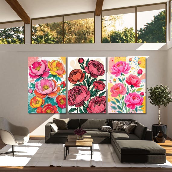 Set of 3 Summer Peony Canvas Prints, Colorful Quirky Floral Wall Art, Bright Botanical Flower Decor for Bedroom, Kitchen Gallery Wall Art