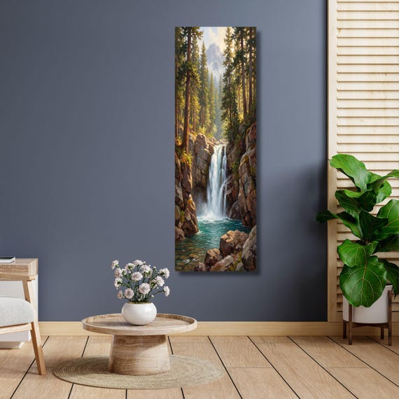 Klimt Style Long Canvas Wall Art, Vertical Waterfall Landscape Painting, Impressionist Forest and Mountain Decor, Tall Narrow Canvas Print