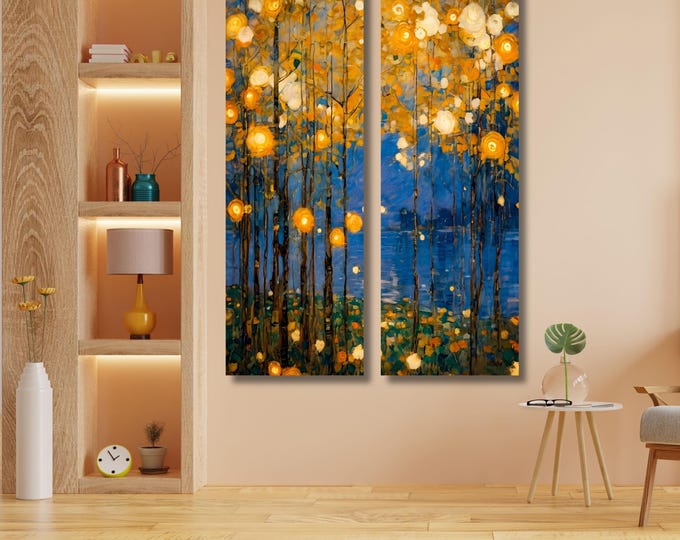 Set of 2 Tall Narrow Vintage Nature Canvas Wall Art  Long Vertical Forest Dining Room, Living Room, Office Print Long and Narrow Wall Art