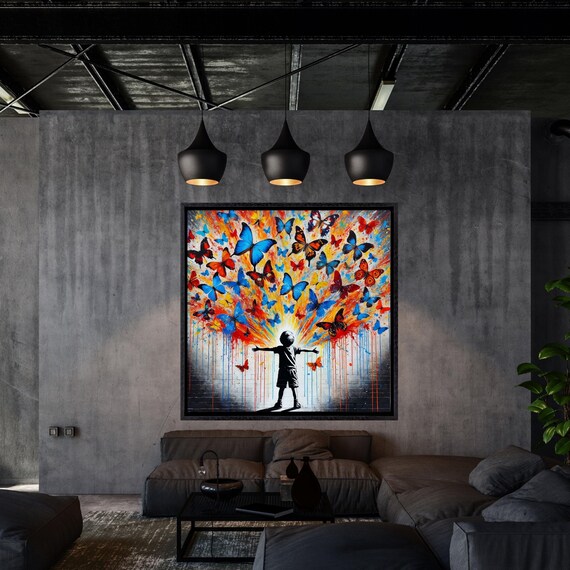 Butterfly Graffiti Canvas Wall Art Living Room Banksy Style Canvas Print, Modern Wall Art, Framed Print, Extra Large Wall Art Butterfly art