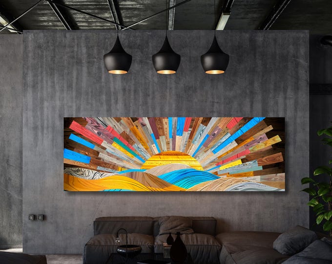 Boho Sunrise Wood Look Canvas Wall Art – Rustic Sun Print, Earthy Bohemian Decor