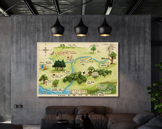 Winnie the Pooh 100 Acre Wood Map Canvas Print, Winnie the Pooh Vintage Illustration, Nursery Wall Art