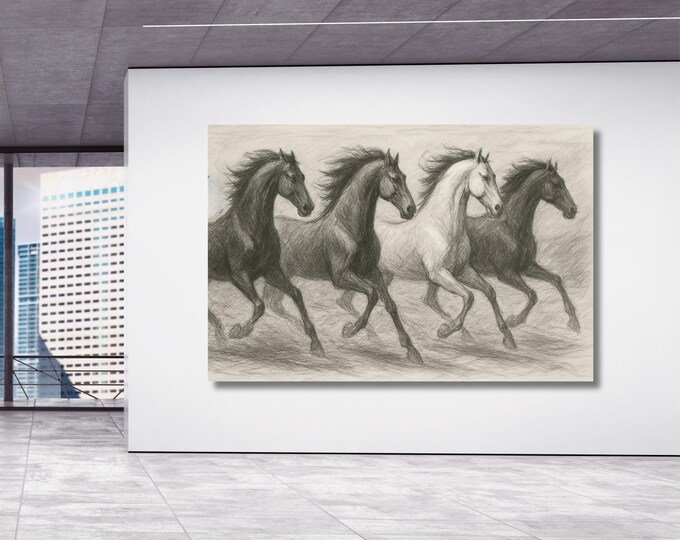 Pencil Running Horses Canvas Art, Colorful Animal Wall Print, Ready To Hang