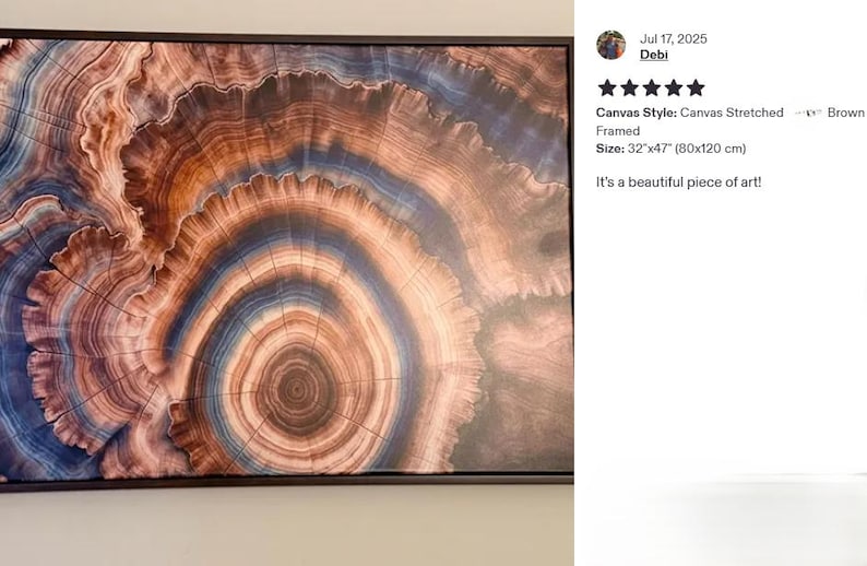 The image is a large framed artwork depicting a spiral pattern in shades of brown and orange. The artwork is displayed on a wall, and there is a review rating and description provided next to it.