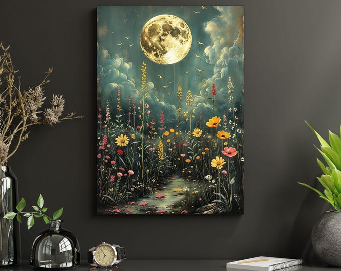 Klimt Canvas Wall Art: Full Moon Wildflower - Floral Print Decor