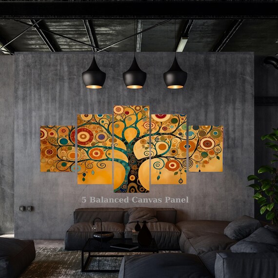 5 Tree of Life Canvas Art, Klimt Style Abstract Golden Tree, Framed Ready Hang