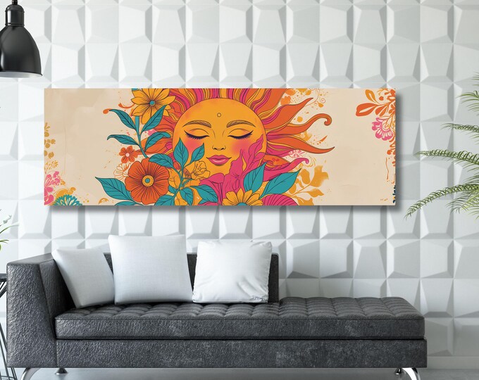 Boho Sun Face Sunset Canvas Art, Emerald Green Horizontal Print, Vintage Floral Wall Decor