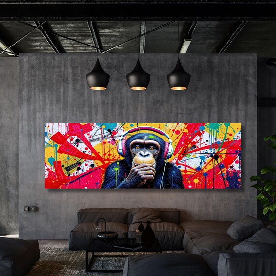 DJ Monkey Canvas Art | Graffiti Chimp Print, Music Lover Decor