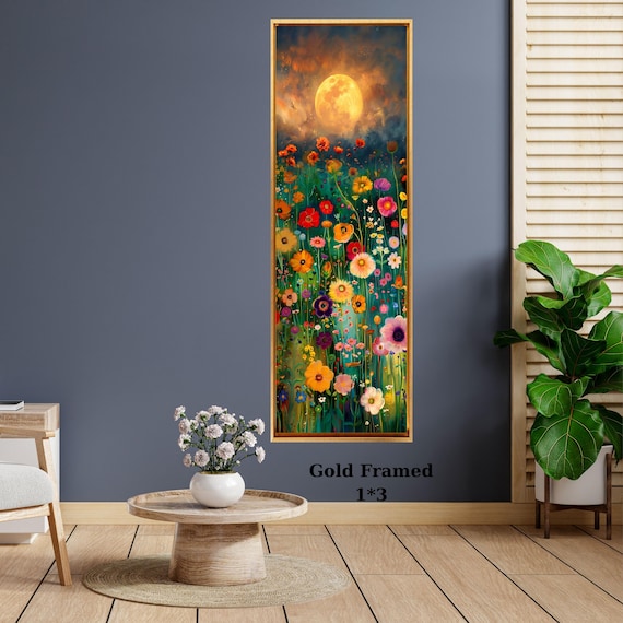 Klimt Flower Meadow Canvas Art, Colorful Mosaic Nature Decor, Impressionist Apple Tree Painting, Gold and Green Floral Wall Decor
