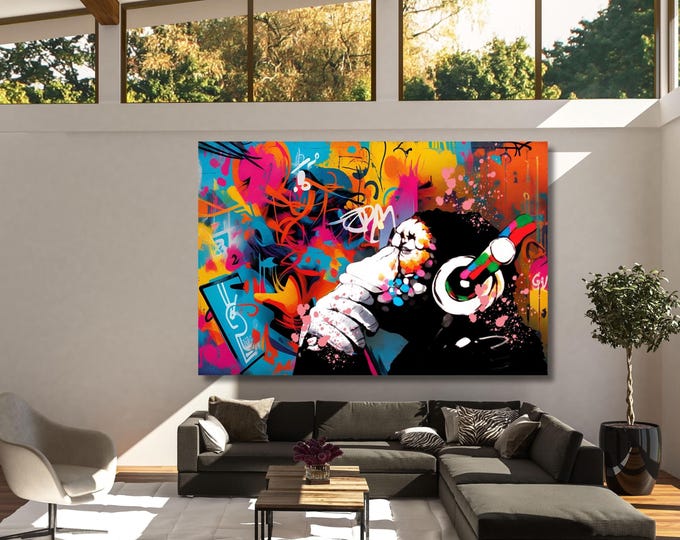 Banksy DJ Monkey Canvas Wall Art, Graffiti Street Art Print (Digital Download)