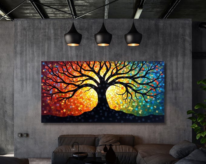 Mosaic Stained Glass Effect Tree of Life Canvas Wall Art Yggdrasil Painting,Mosaic Canvas Poster,Gustav Klimt Style Poster,Klimt Exhibition