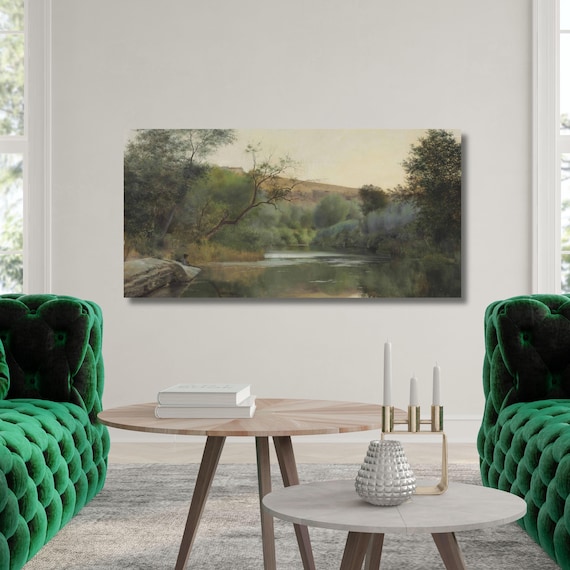 Panoramic Emilio Sanchez-Perrier (Spanish, 1855-1907) Large Framed River Landscape Canvas Print: Rustic Farmhouse Wall Art