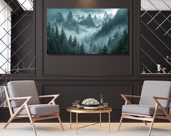 Forest mountains Canvas Wall print misty foggy mountains photography green forest landscape print large nature wall Exhibition art Forest