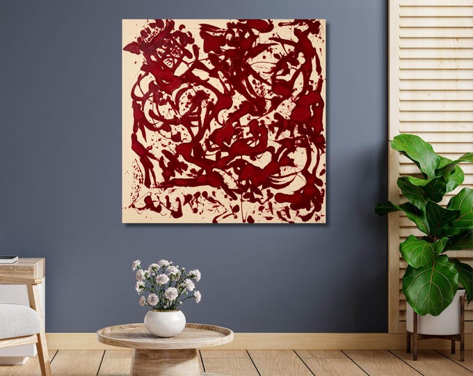 Jackson Pollock Style Abstract Canvas, Red Drip Painting, Modern Expressionist Wall Art