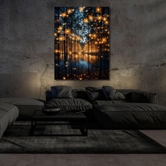 Klimt Inspired Magical Forest canvas Wall Art Botanical Firefly Lover Gift, Night Landscape Wall Art for Home and Office artful botanical