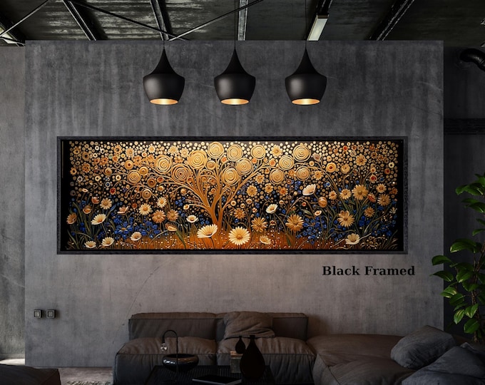 Night Moody Wild Flowers Canvas, Framed Canvas Print, Above Bed Art, Dark Floral Paintingt,Boho Minimal Panoramic Thought Provoking Wall Art