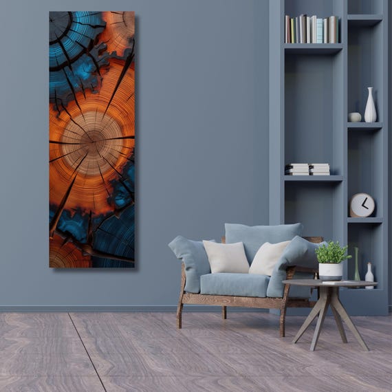 Tree Rings Long Narrow Canvas – Rustic Wood Texture Wall Art for Hallway or Above Bed – Natural Earth Tone Print for Modern or Cabin Decor