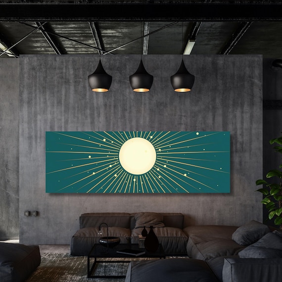 Panoramic Sunset over the Emerald Green Canvas Wall Art,Boho Wall Art Minimal Horizontal Wall Art Vintage Sunset Painting Sunset Print gift