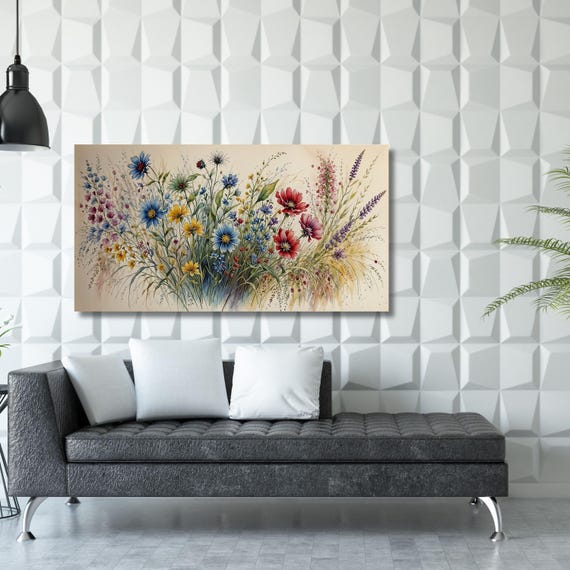 Watercolor Floral Framed Canvas Wall Art Landscape Elegant Natural Wall Art Beautiful Wildflowers, Wild Flower Art,Rustic Farmhouse Decor