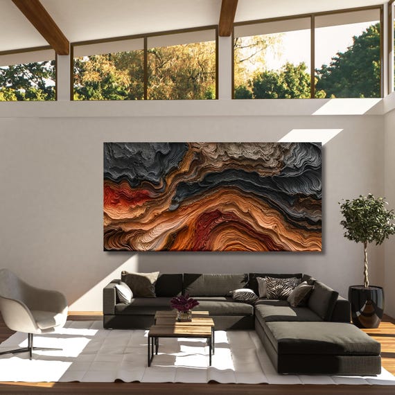 Natural Wood Texture Print Rustic Earthy Large Painting Elegant Modern Wall Decor Housewarming Gift art Abstract Waves Canvas Wall Art Ring