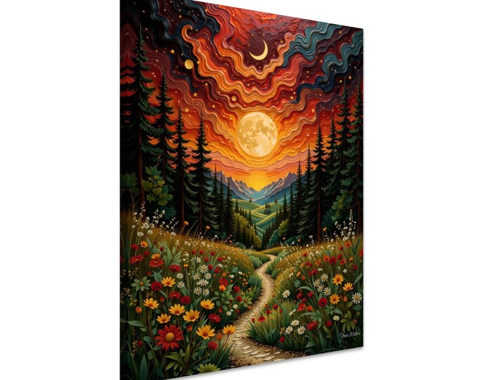 Flower Garden Moon Canvas Wall Art Klimt Inspired Floral Landscape Romantic Gold Style Print Boho Nature Decor for Home decor Klimt Wall Art