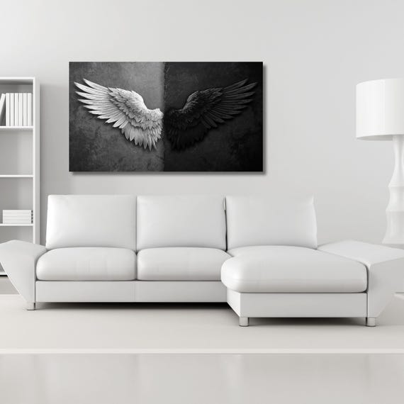 Black and White Angel Wings Canvas Wall Art, Modern Minimalist Wings Poster Print, Large Monochrome Wall Decor for Bedroom or Living Room