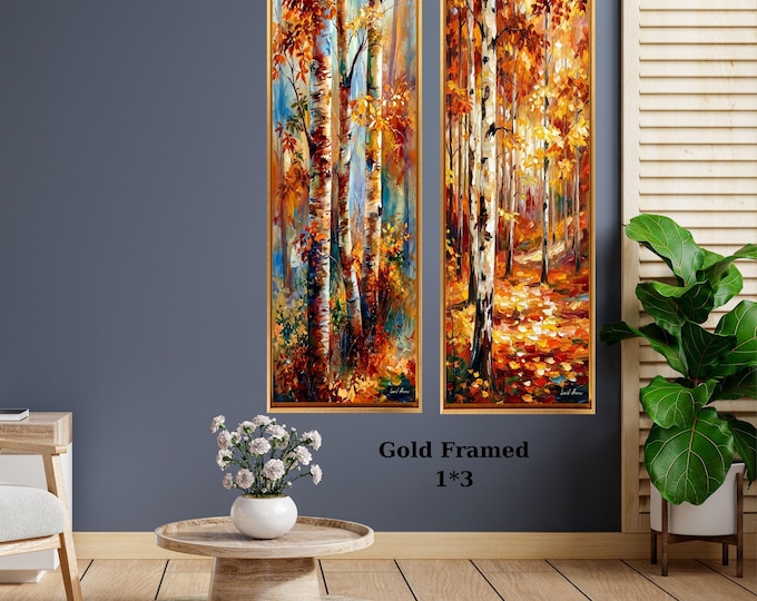 Set of 2 Tall Narrow Birch Tree Canvas – Long Vertical Forest Wall Art Decor