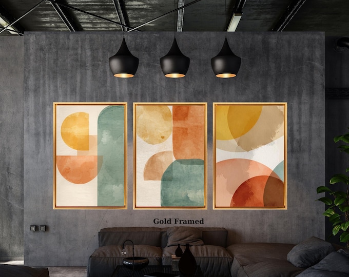 Set of 3 Mid Century Abstract Wall Art,Minimal Geometric Canvas Print,Neutral Boho Shapes,Large Color Block Arch Decor,Modern Wall Hangings