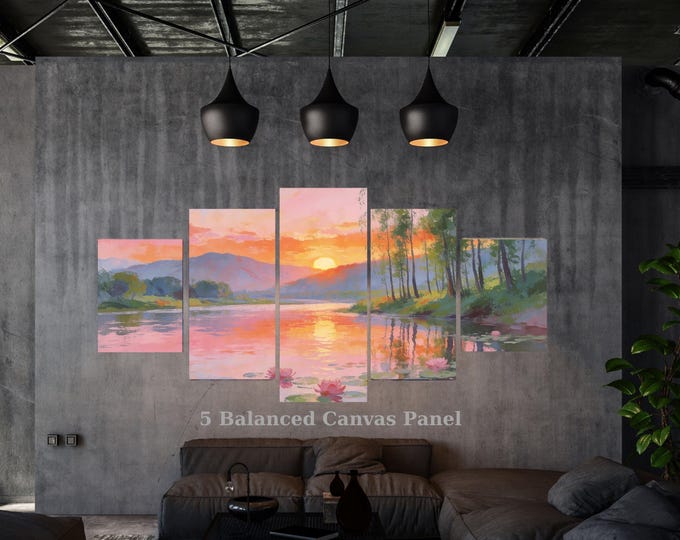 Pink Sunset River Canvas Set, Water Lily Pond Landscape, Impressionist Mountain Wall Art (Framed)