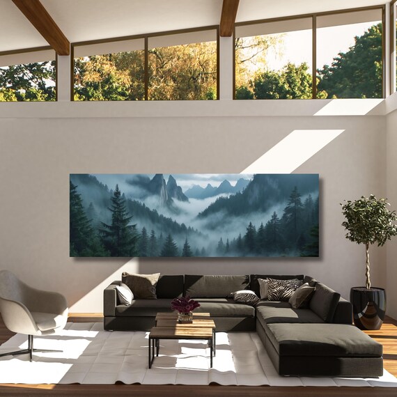 Panoramic Forest mountains Canvas Wall print misty foggy mountains photography green forest landscape print large nature wall Exhibition art