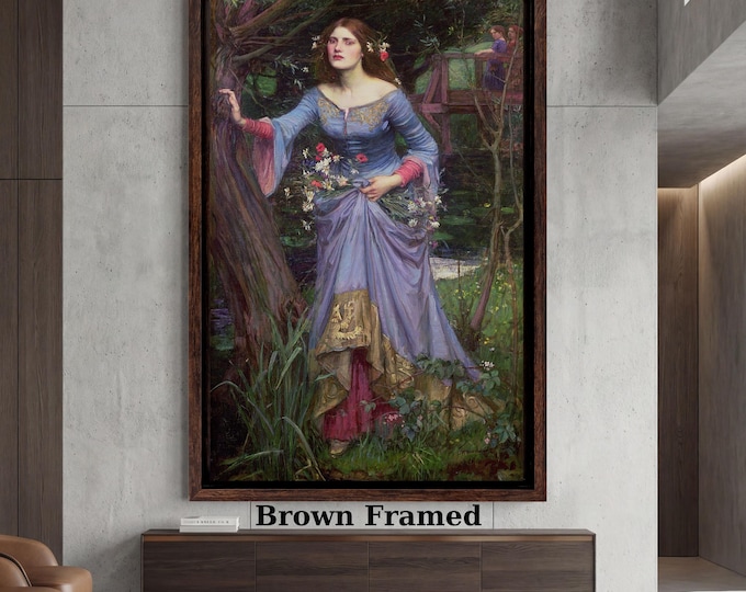 Ophelia in Blue Dress Canvas Wall Art, Preraffaelite Inspired Woman Painting, Shakespearean Character Art, Moody Female Portrait Print