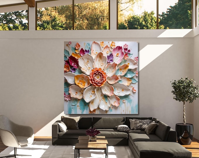 Colorful 3D Floral Canvas Wall Art, Abstract Boho Living Room Decor